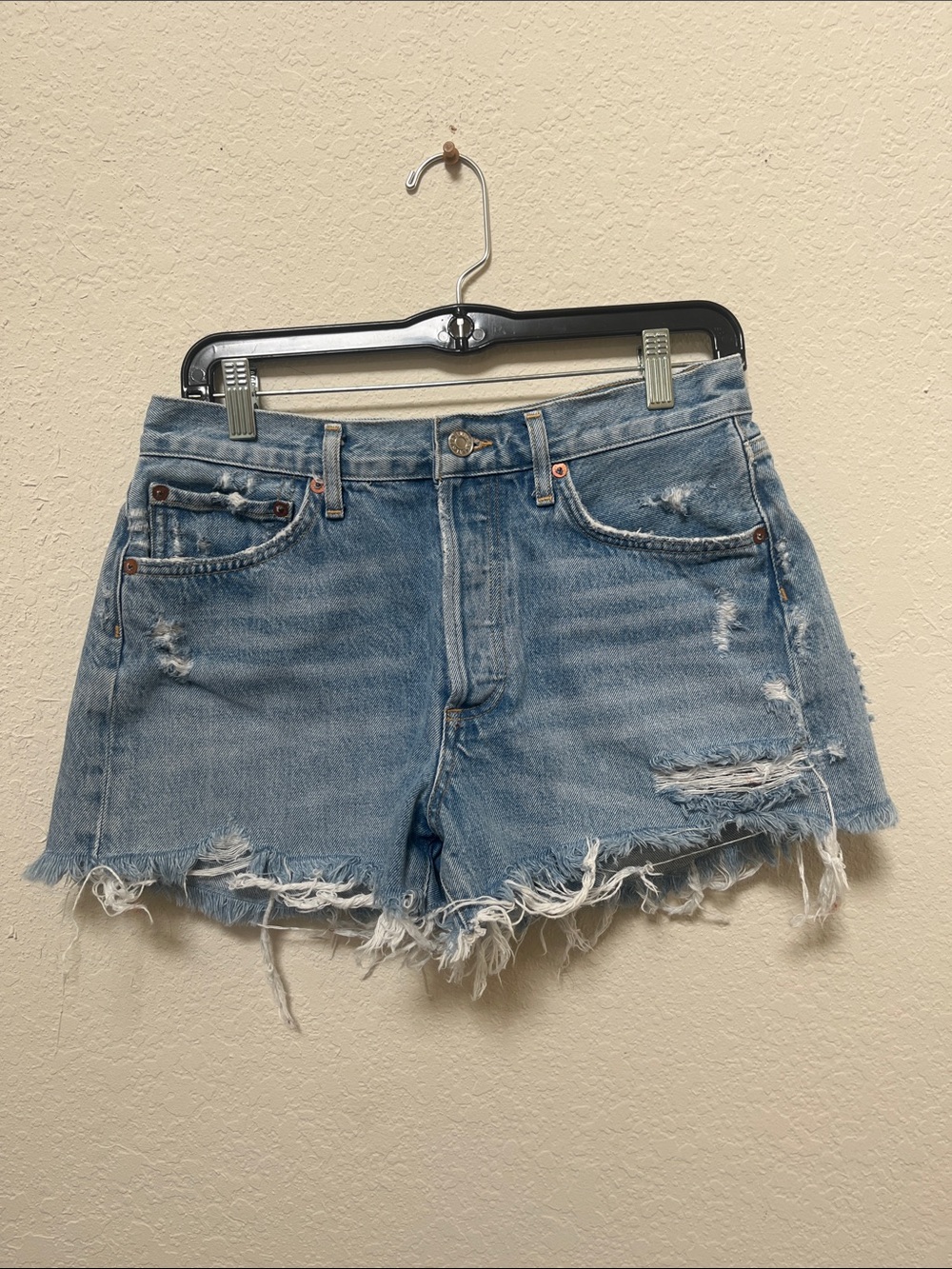 AGOLDE Distressed Light Blue Denim Shorts